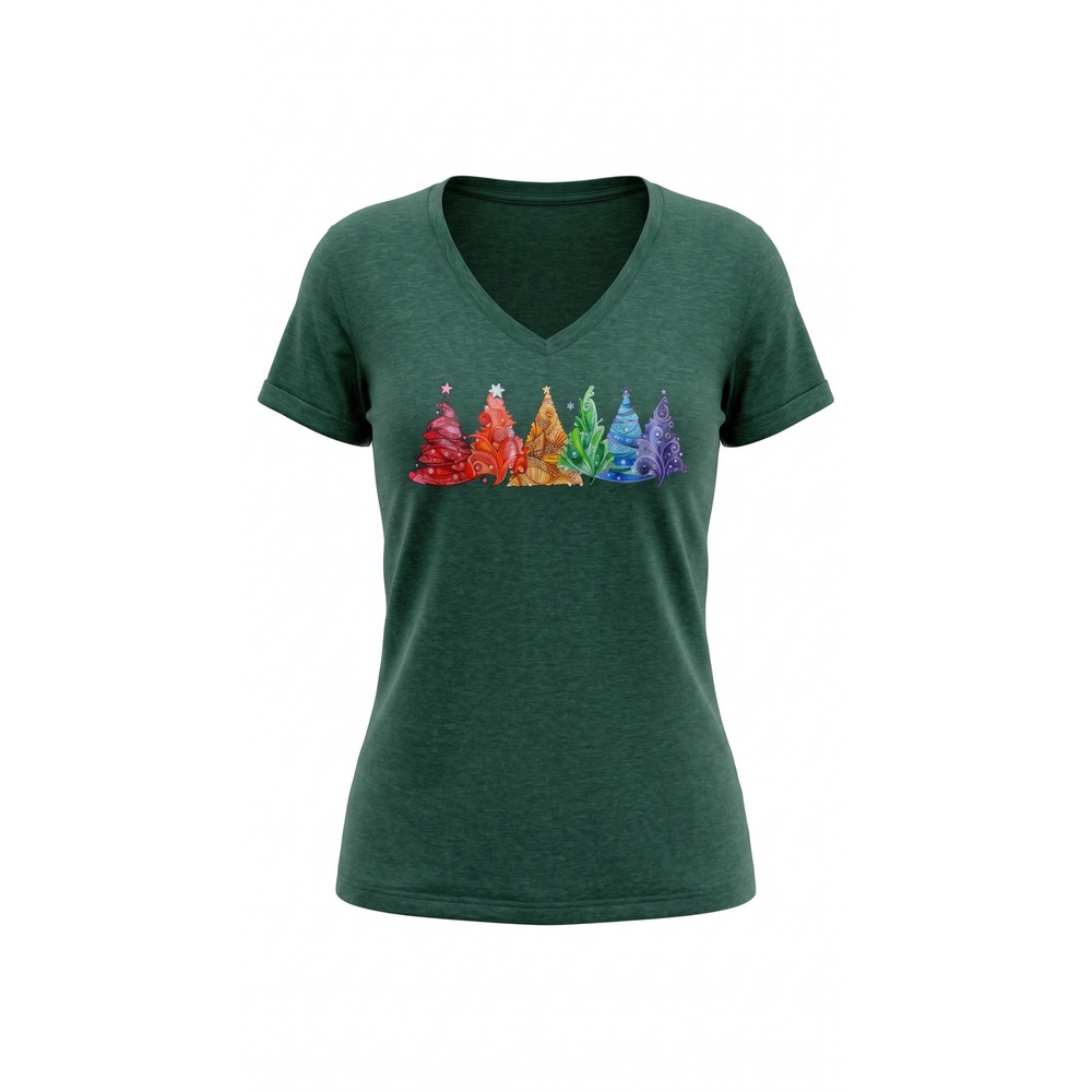 Rainbow Christmas Trees Graphic T-Shirt‎ Green V-Neck Short Sleeve 2XL Holiday